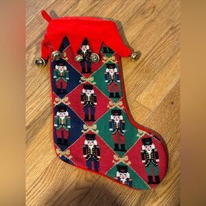 Vintage needlepoint nutcracker stocking with bells